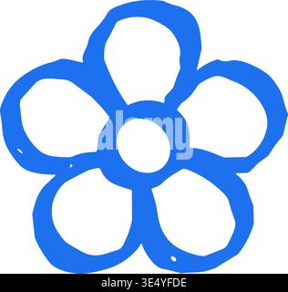 A blue hand drawn doodle of a simple five-petal flower. A vector illustration with a grunge texture for a whimsical, naive art feel. For icons, sticke Stock Vector