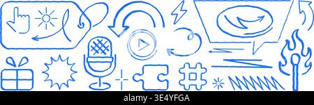 A versatile set of hand drawn vector illustration icons. Features grunge texture doodle elements for podcasting, streaming, and digital content. Ideal Stock Vector
