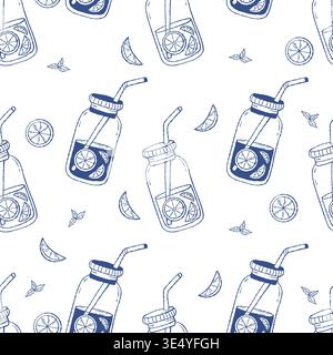 Seamless Pattern with Detox Water Mason Jars and Lemon Slices. Refreshing Summer Drink and Mint Leaves on White Background. Vector Illustration. Outli Stock Vector