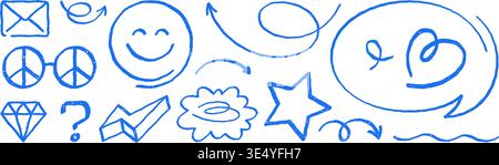 Set of hand drawn vector illustration doodle icons. Whimsical grunge symbols for creative design and communication. Abstract sketch elements with a un Stock Vector