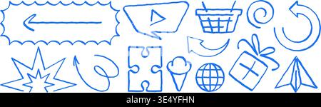 A playful set of hand drawn vector illustration icons. Grunge texture doodle elements for web, e-commerce, and creative projects. Perfect for modern a Stock Vector