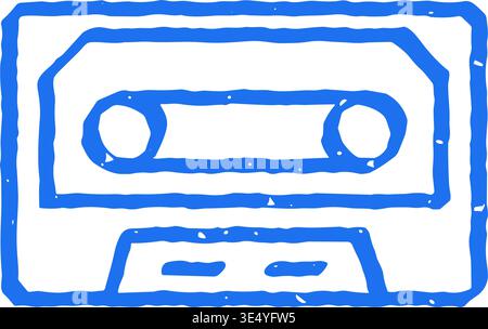 A blue hand drawn doodle of a retro audio cassette tape. A vector illustration with a grunge texture for a whimsical, vintage feel. Perfect for icons, Stock Vector