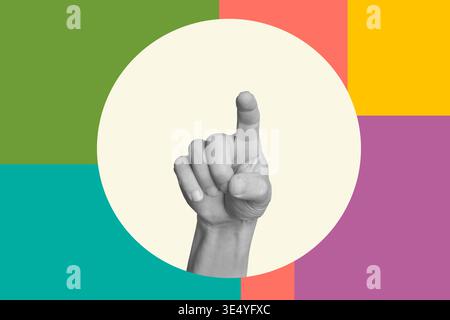 Collage of a man hand doing push gesture in a front view on a white circle on a multicolored background Stock Photo