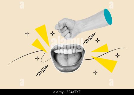 Collage of a hand and an open mouth on a pink background with rays and yellow triangles Stock Photo