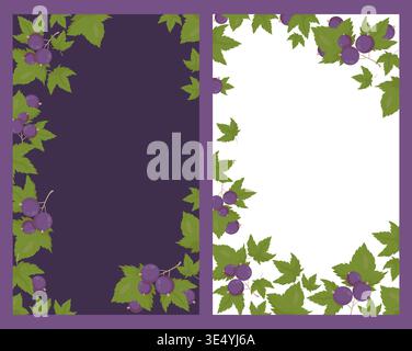 Blackcurrant Berries Botanical Frames Posters. Branches Fruit Currant with Leaves on Dark Purple and White Background. Isolated Vertical template with Stock Vector