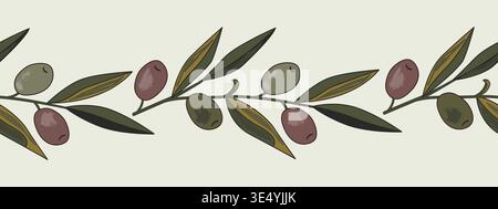 Hand drawn olive branch seamless border, isolated on a white background, olive branch painting. Vector illustration. Stock Vector