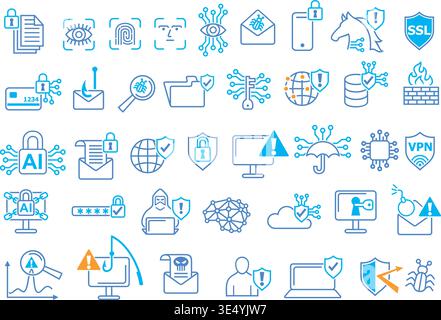AI Cybersecurity & Data Protection Line Icons Set - Threat Detection Stock Vector