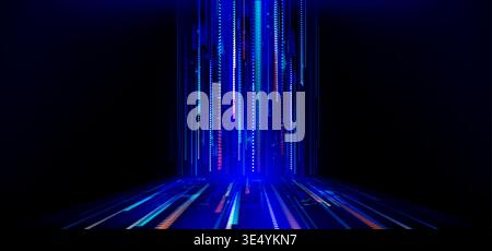 Speed data flow with neon blue lines and glowing particles, abstract vector background. Network dot pattern, digital tech presentations, futuristic cyber concept, information transfer Stock Vector