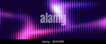 Glass fractal design with neon purple gradient and geometric stripes pattern. Vertical ribbed texture with prismatic light effect, abstract vector background. Fluorescent technological banner Stock Vector