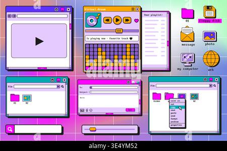 Retro Y2K computer window interface. Vector illustration of retro OS folder icons, media player, search bar, message box, vintage desktop UI, classic 90s operating system, nostalgic digital frames Stock Vector