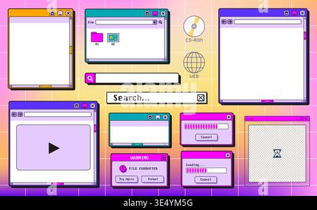 Retro Y2K computer window interface. Vector illustration of retro OS folder icons, media player, search bar, message box, vintage desktop UI, classic 90s operating system, nostalgic digital frames Stock Vector