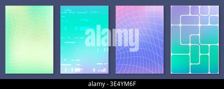 Abstract y2k posters set with glitch effect and wireframe landscape on rainbow gradient background. Vector illustration of futuristic wallpaper, neon green and pink grid patterns, trendy tech backdrop Stock Vector