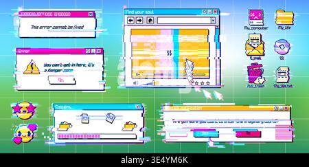 Y2K style glitch window with retro pixel error message. Digital system interface with classic 90s software design, internet icons, and nostalgic UI elements, vector illustration Stock Vector