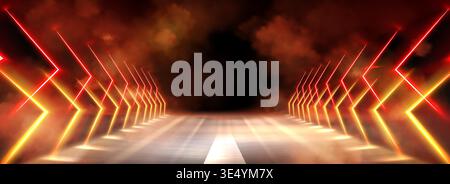 Speed race road perspective with glowing neon arrows. Vector realistic illustration of futuristic tunnel with red light trails and smoke on black background, abstract banner design, motion effect Stock Vector
