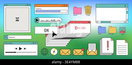 Retro system error message and old icons on computer screen. Vector illustration of Y2K warning window with critical alert, vintage UI elements, folders, email signs, classic desktop interface design Stock Vector