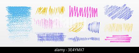 Color crayon scribbles and pencil textures set on white background. Vector realistic illustration of abstract hand drawn patterns, vibrant chalk strokes, doodle effects, crayon marks for school banner Stock Vector