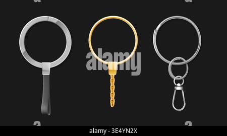 Silver, gold metal keychains set isolated on black background. Vector realistic illustration of steel key accessory with chain and clasp, car or house key holder, round ring and decorative keychain Stock Vector