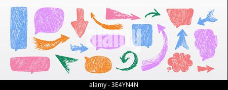 Colorful crayon texture speech bubbles, hand drawn thinking cloud shape and scribbles. Abstract vector graphics elements, dialog balloons, pencil spiral arrows for creative design projects. Stock Vector