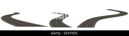 Winding road vector illustration with curved asphalt highway path with yellow lane markings, icon set isolated on white background. Perspactive view of street journey route for map design Stock Vector
