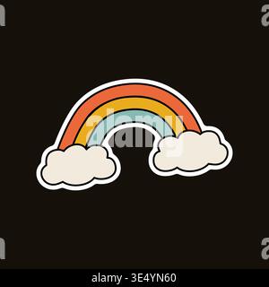 A retro cartoon rainbow with fluffy clouds on a dark background. Stock Vector Groovy Sticker Stock Vector