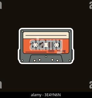 A vintage orange and grey cassette tape on a dark background. Stock Vector Groovy Sticker Stock Vector