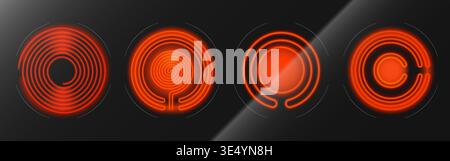 Induction cooktop burners set isolated on black background. Vector realistic illustration of glowing red circles on electric kitchen stove surface, modern cooking appliance, hot temperature sign Stock Vector