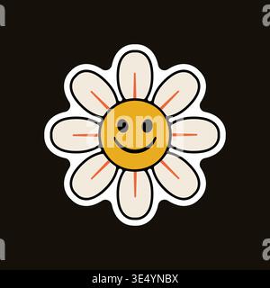 A cheerful daisy flower with a cute smiley face on a dark background. Stock Vector Groovy Sticker Stock Vector