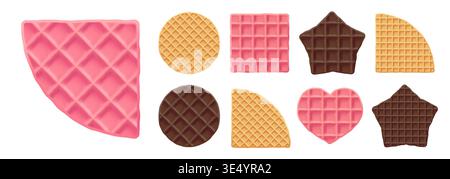 Waffle round biscuit for belgian ice cream, tasty wafer texture icon. Square pink stroopwafel and star chocolate belgium food, pattern background Stock Vector