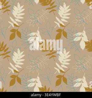 Scandinavian-style pattern with minimalist leaf silhouettes in ochre, cream, and teal line art on a beige background. Versatile botanical texture for home decor, textile design, and organic product packaging. Vector illustration Stock Vector