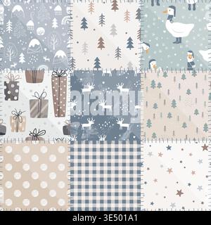 Baby Patchwork Christmas Quilt Doodle Design. Vector background. Cozy Winter Patch Work Texture. Rustic Duvet Design. Stock Vector