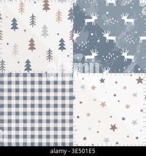 Baby Patchwork Christmas Quilt Doodle Design. Vector background. Cozy Winter Patch Work Texture. Rustic Duvet Design. Stock Vector