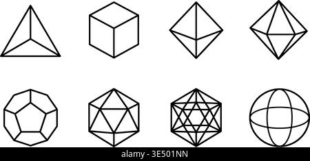 Minimalist black line art six basic geometric shapes including tetrahedron cube octahedron icosahedron dodecahedron and sphere icons on white. Stock Vector