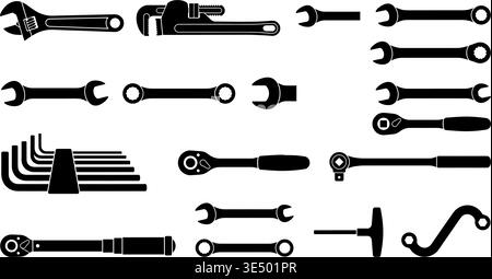 Various black silhouette hand tools and wrenches, including adjustable, pipe, combination, and hex keys, presented in a clean, graphic style Stock Vector