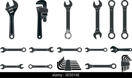 Various black silhouette hand tools and wrenches, including adjustable, pipe, combination, and hex keys, presented in a clean, graphic style Stock Vector