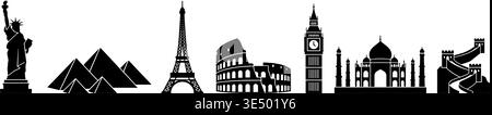 vector of famous landmarks including statue of liberty pyramids eiffel tower colosseum big ben taj mahal great wall Stock Vector