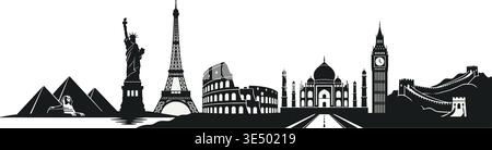 vector of famous landmarks including statue of liberty pyramids eiffel tower colosseum big ben taj mahal great wall Stock Vector