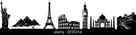 vector of famous landmarks including statue of liberty pyramids eiffel tower colosseum big ben taj mahal great wall Stock Vector