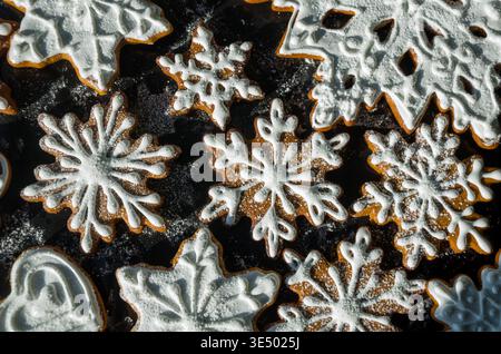 Snowflake Shaped Christmas Cookies with Icing Stock Photo