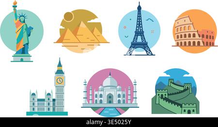 vector of famous landmarks including statue of liberty pyramids eiffel tower colosseum big ben taj mahal great wall Stock Vector