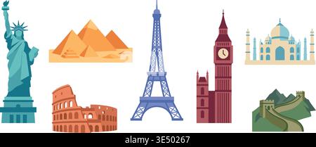 vector of famous landmarks including statue of liberty pyramids eiffel tower colosseum big ben taj mahal great wall Stock Vector