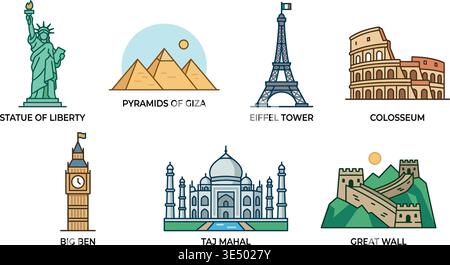 vector of famous landmarks including statue of liberty pyramids eiffel tower colosseum big ben taj mahal great wall Stock Vector