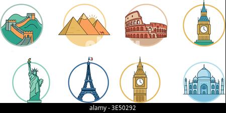vector of famous landmarks including statue of liberty pyramids eiffel tower colosseum big ben taj mahal great wall Stock Vector