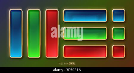 Glossy 3D buttons with golden frames in various colors, ideal for modern UI and web design. Vector illustration. Stock Vector