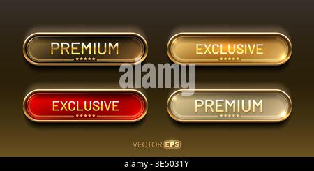 Set of luxury gold and red glossy web buttons for premium and exclusive content. Vector illustration Stock Vector