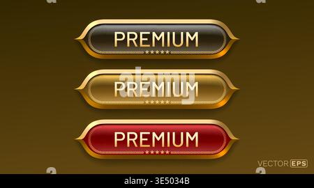 Set of Premium Glossy Buttons with Golden Accents, ideal for symbolizing top quality and exclusivity in design. Vector illustration. Stock Vector