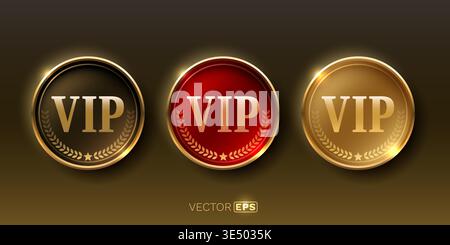 VIP badges set in gold, red, and black. This collection of elegant round labels signifies exclusive membership. Vector illustration. Stock Vector