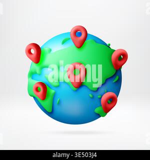 3D globe with red location map pins Stock Vector