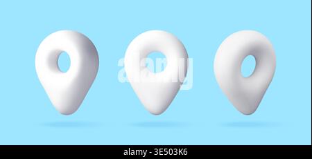 3D Set of three white map pins on blue. Stock Vector