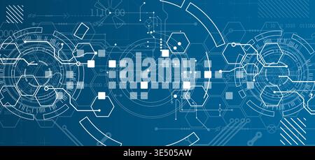 Technological background with various white elements in a drawing style on a blue background. Vector Stock Vector