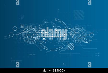 Technological background with various white elements in a drawing style on a blue background. Vector Stock Vector